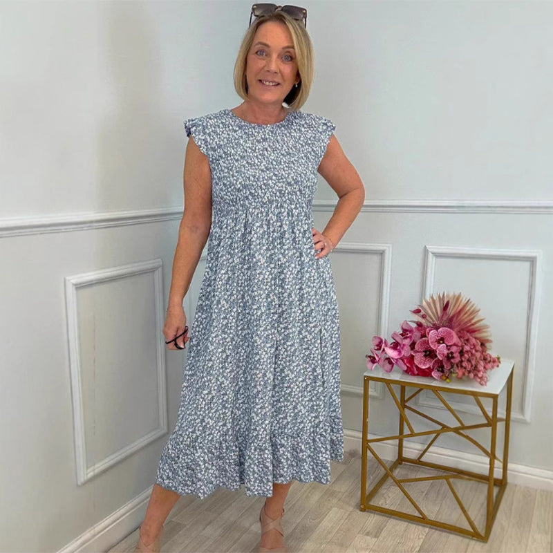 💃Women's Elegant Floral Print High-Waisted Ruffle Cap Sleeve Dress