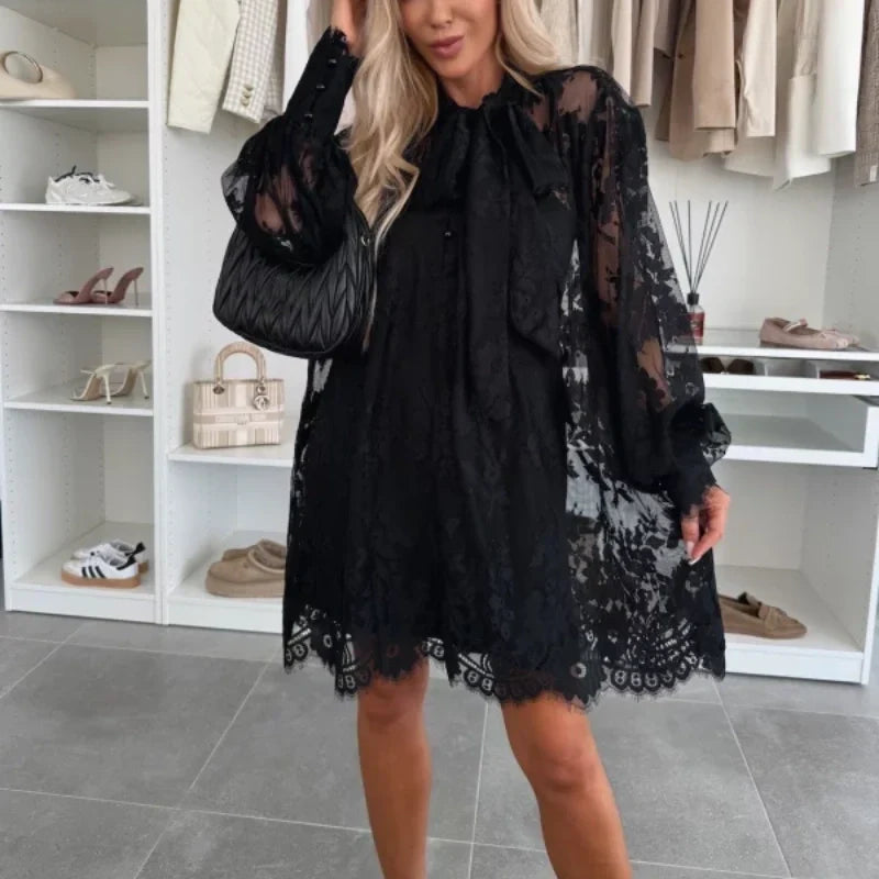 đź’–Limited Sale 50% OFFđź’–Lace Mini Dress with Bow Tie Neck