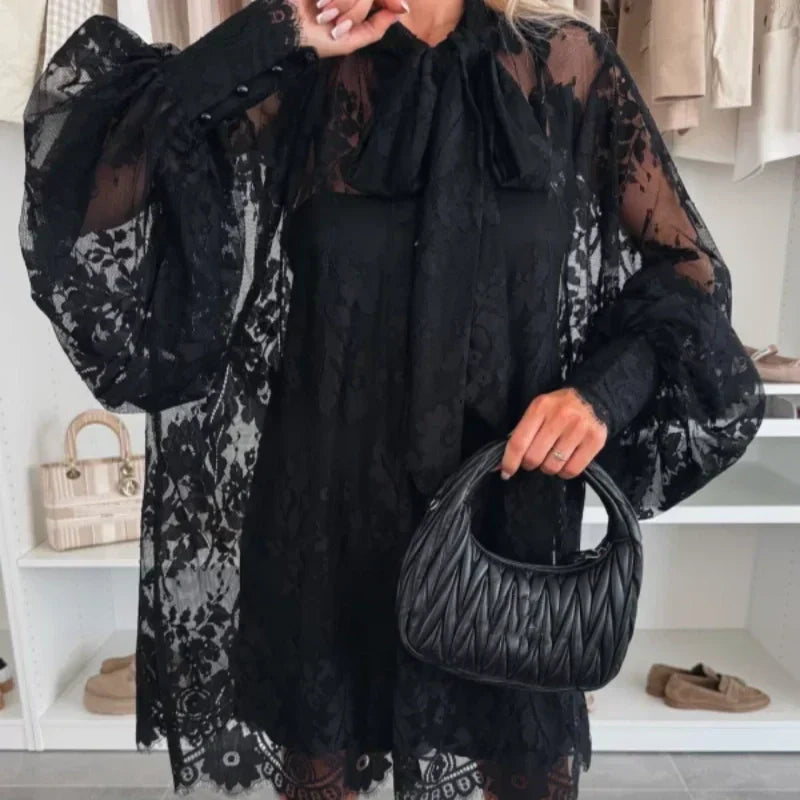 đź’–Limited Sale 50% OFFđź’–Lace Mini Dress with Bow Tie Neck