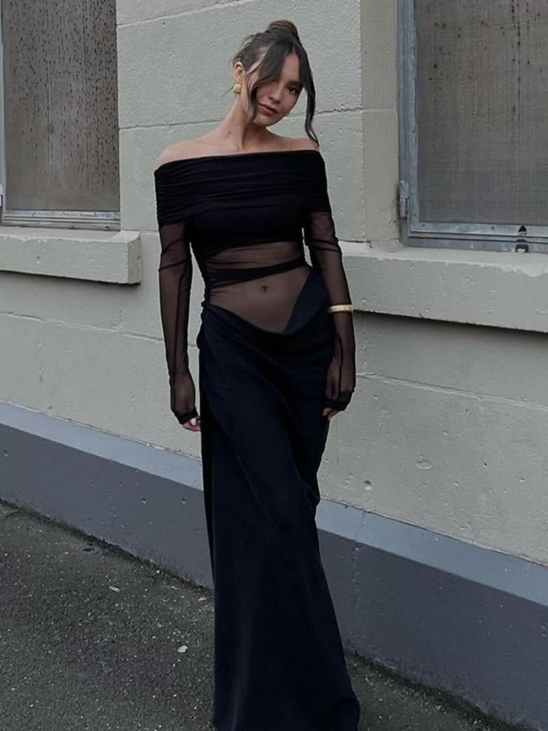 🔥49% OFF🔥Solid Color Off Shoulder Pleated Sheer Mesh Dress