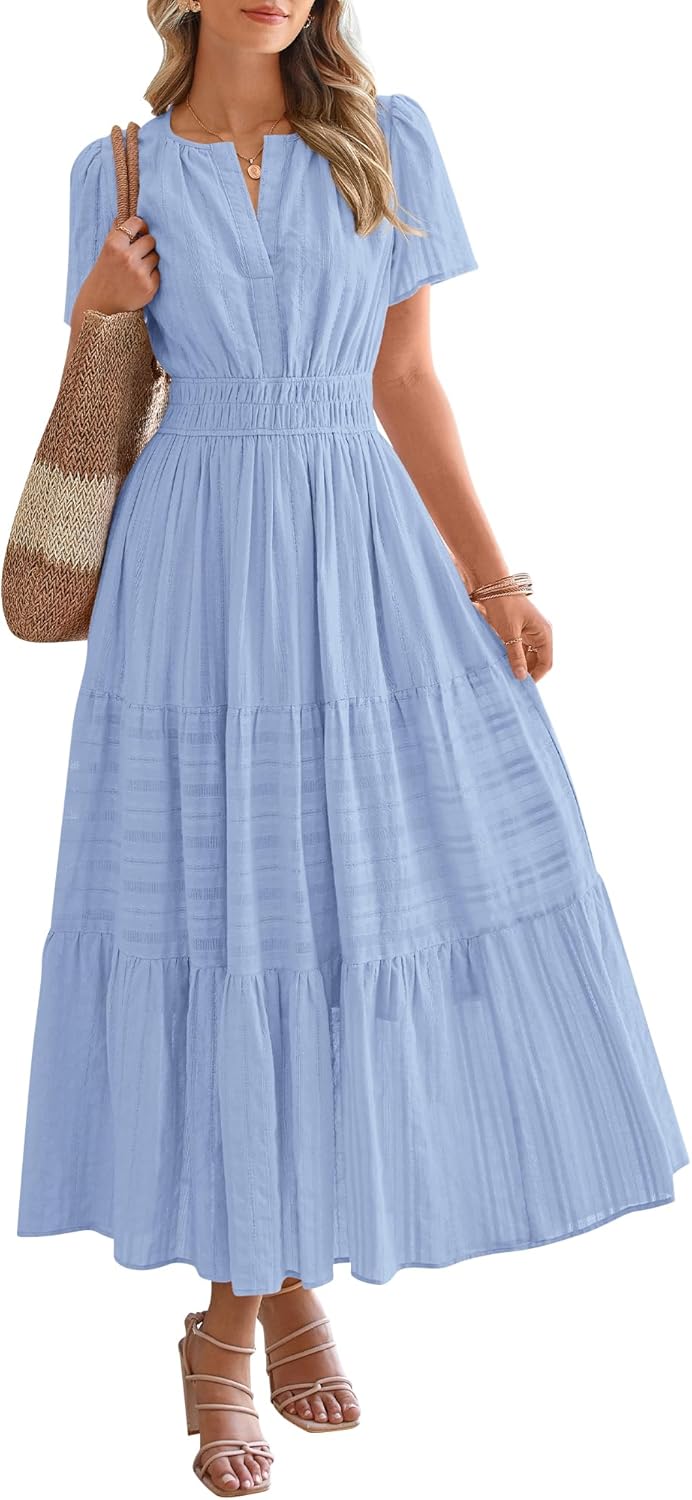 Womens Summer Lightweight Short Sleeve V Casual Midi Maxi Dresses(BUY 2 FREE SHIPPING)