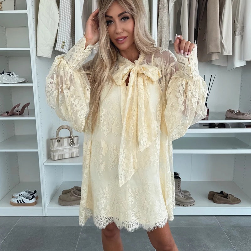 đź’–Limited Sale 50% OFFđź’–Lace Mini Dress with Bow Tie Neck
