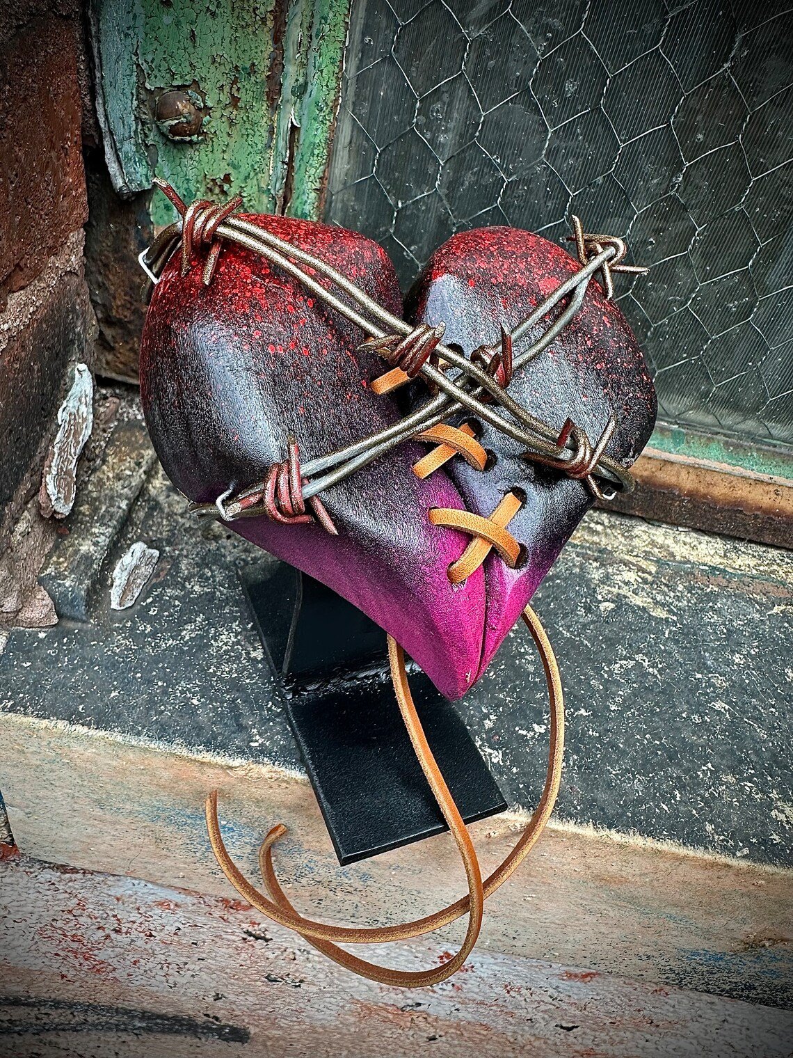 Handmade❤️🔥Wood Heart on Steel Pedestal Art Piece