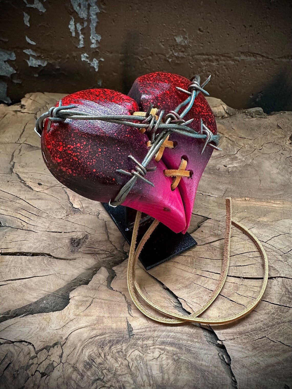 Handmade❤️🔥Wood Heart on Steel Pedestal Art Piece