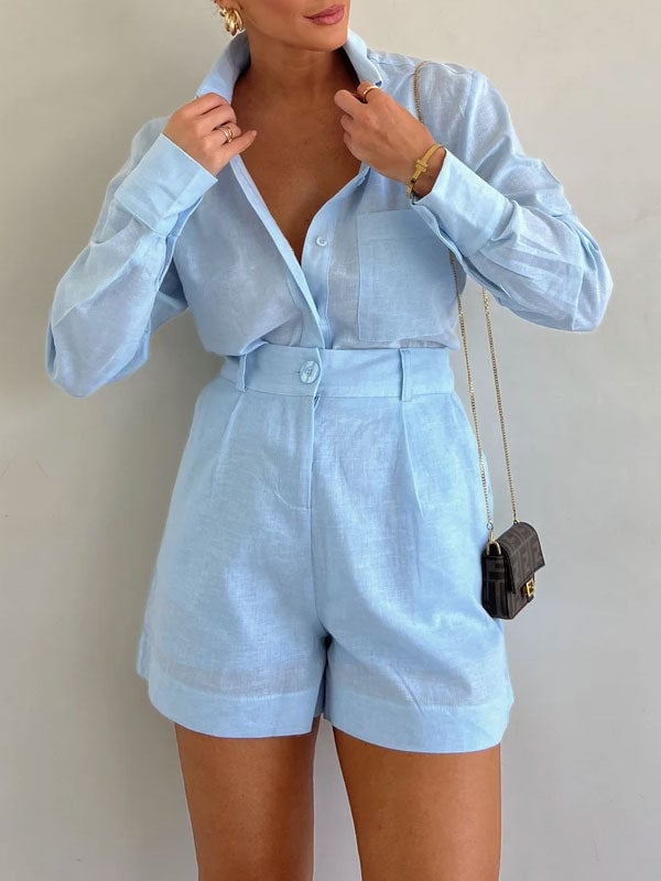 Women's Casual Linen Blouse and Shorts Set