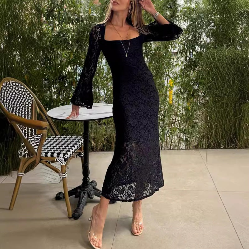 💐 Lace Flared Sleeves Split Hem Waisted Dress