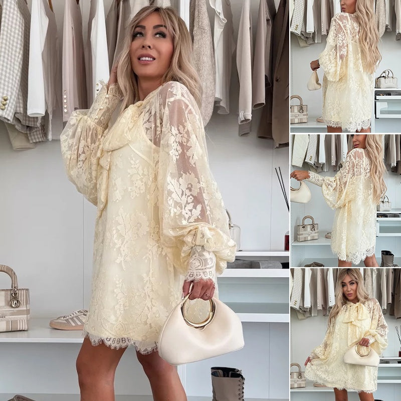 đź’–Limited Sale 50% OFFđź’–Lace Mini Dress with Bow Tie Neck