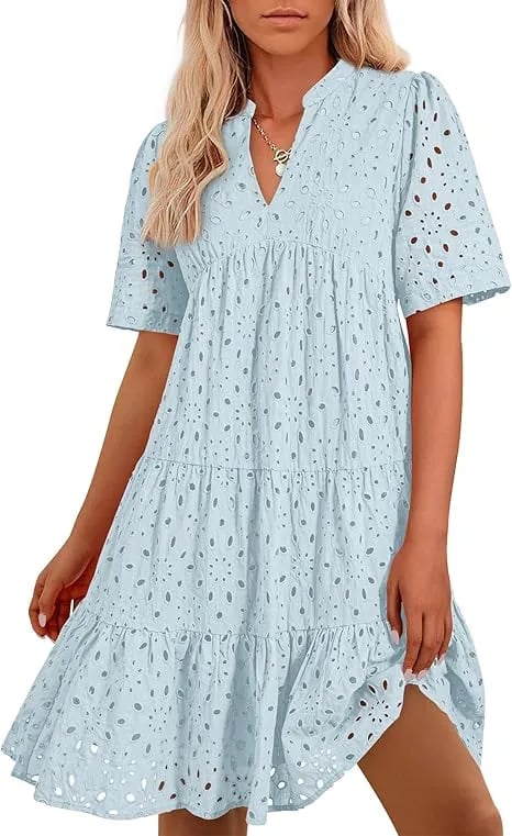 Women's V Neck Short Sleeve Hollow Out Mini Vacation Dress