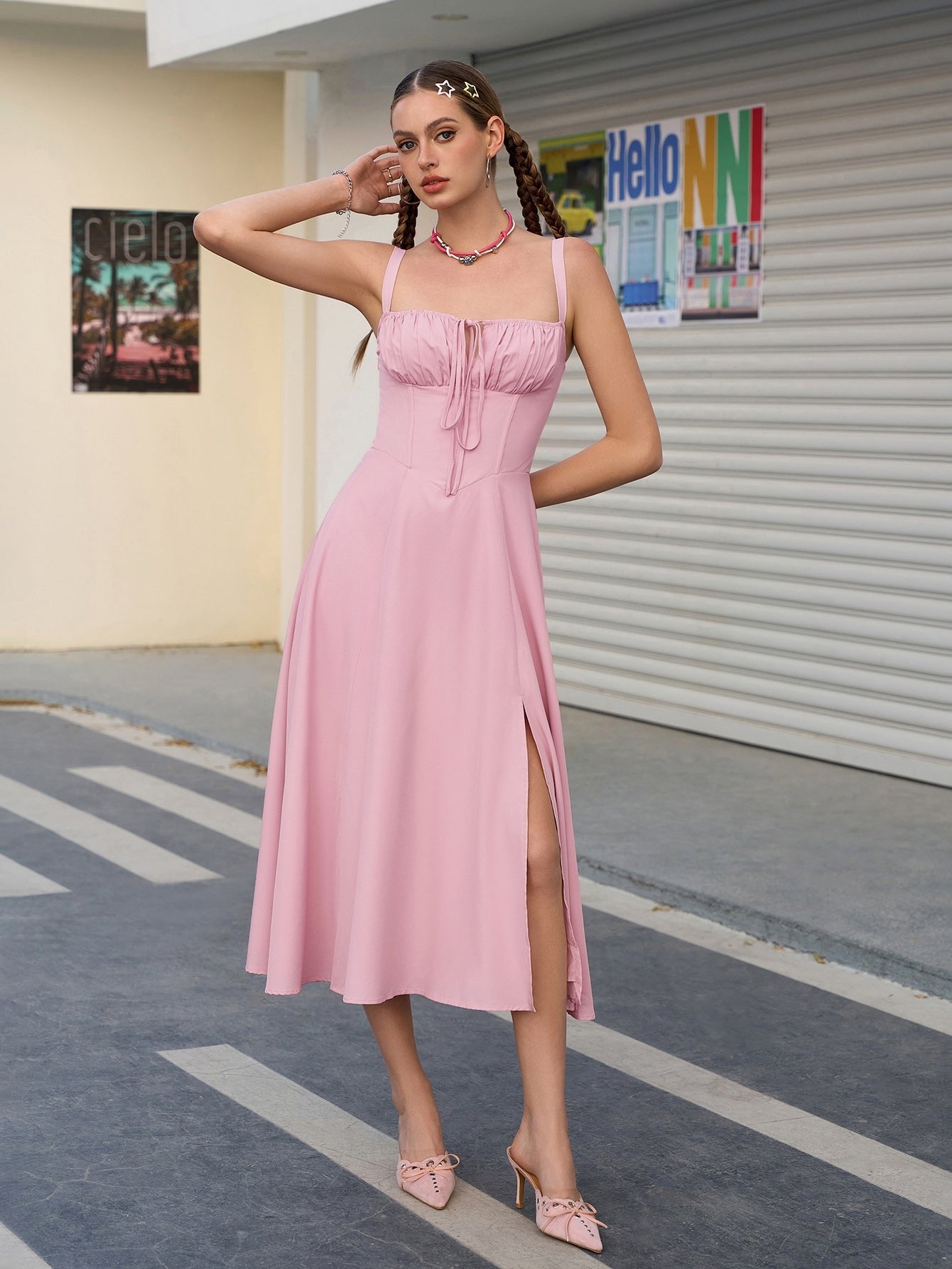 💐Ruched Bust Split Thigh Cami Dress