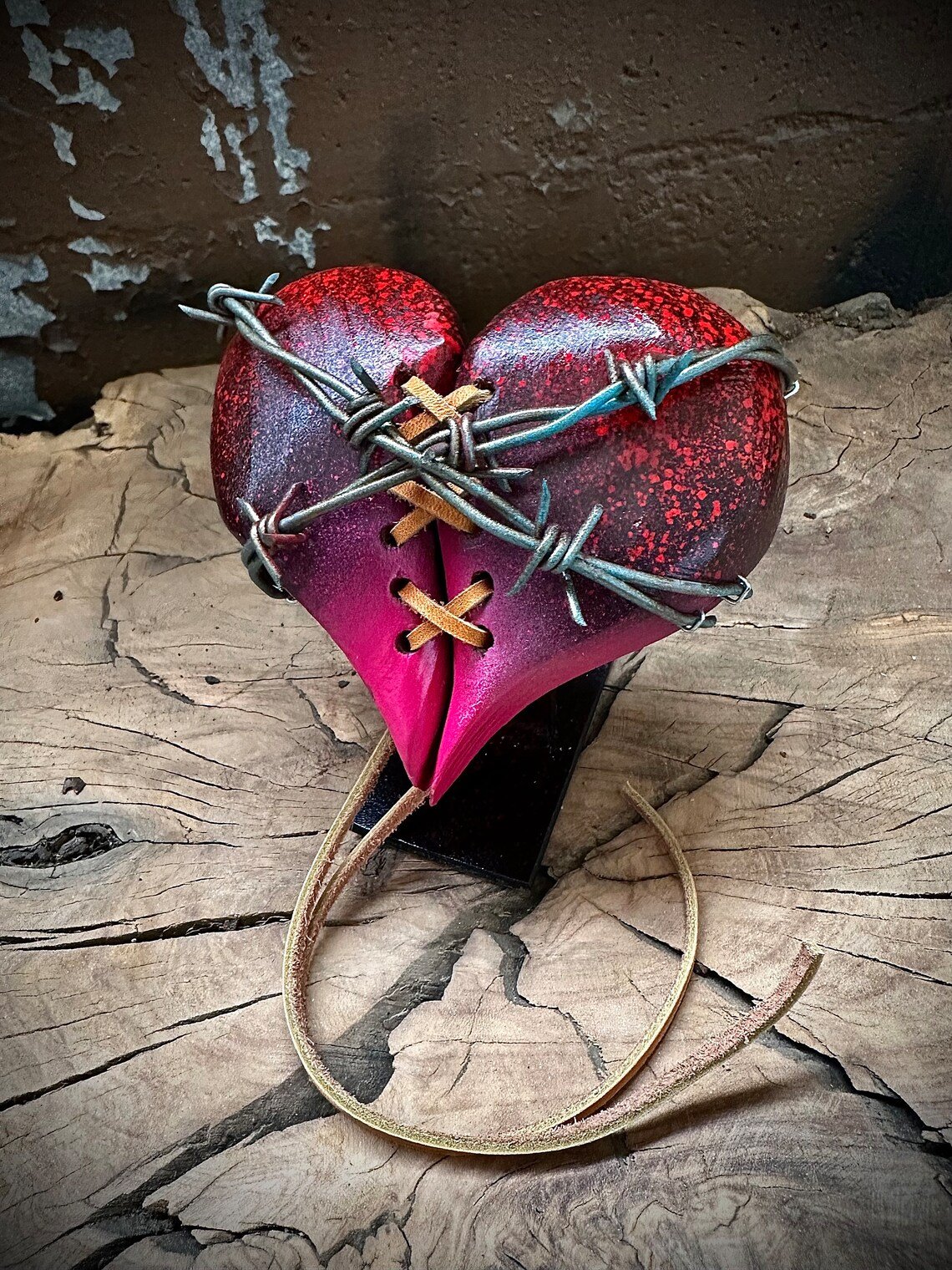Handmade❤️🔥Wood Heart on Steel Pedestal Art Piece