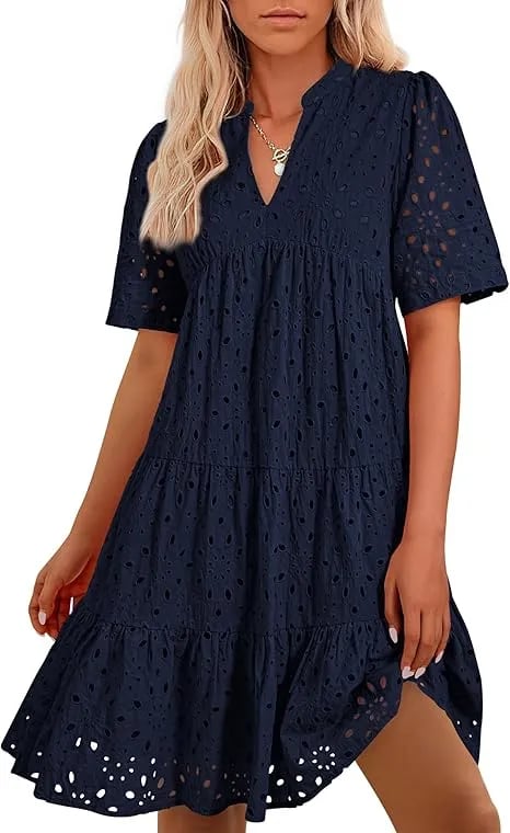Women's V Neck Short Sleeve Hollow Out Mini Vacation Dress