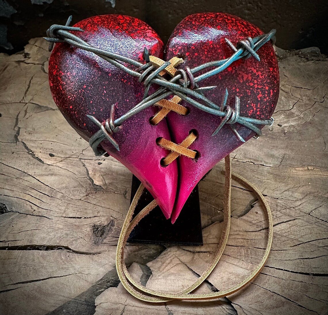 Handmade❤️🔥Wood Heart on Steel Pedestal Art Piece