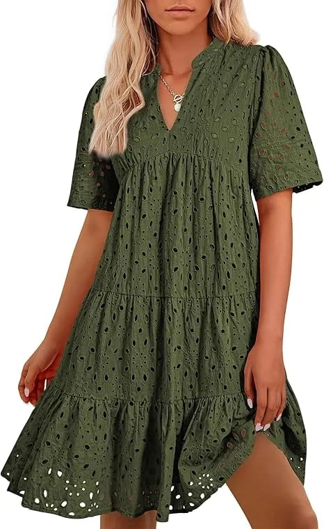 Women's V Neck Short Sleeve Hollow Out Mini Vacation Dress