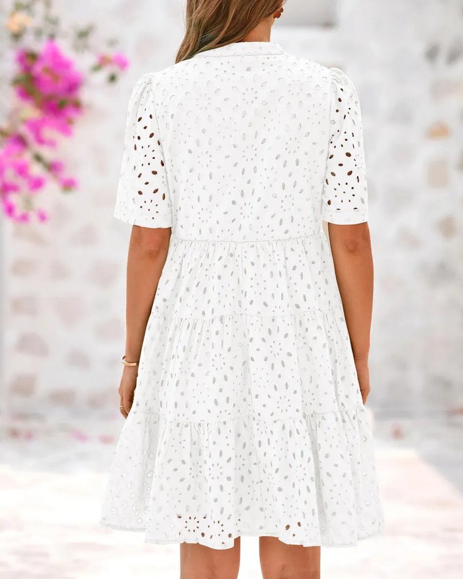 Women's V Neck Short Sleeve Hollow Out Mini Vacation Dress