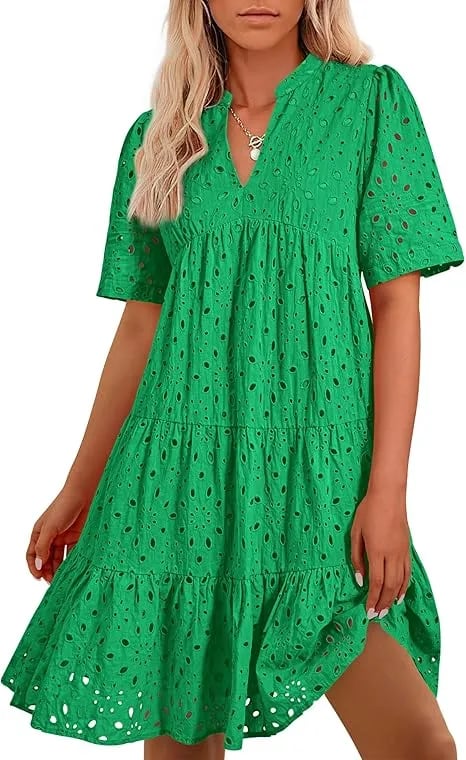 Women's V Neck Short Sleeve Hollow Out Mini Vacation Dress