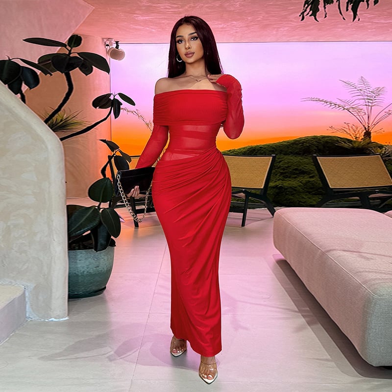 🔥49% OFF🔥Solid Color Off Shoulder Pleated Sheer Mesh Dress