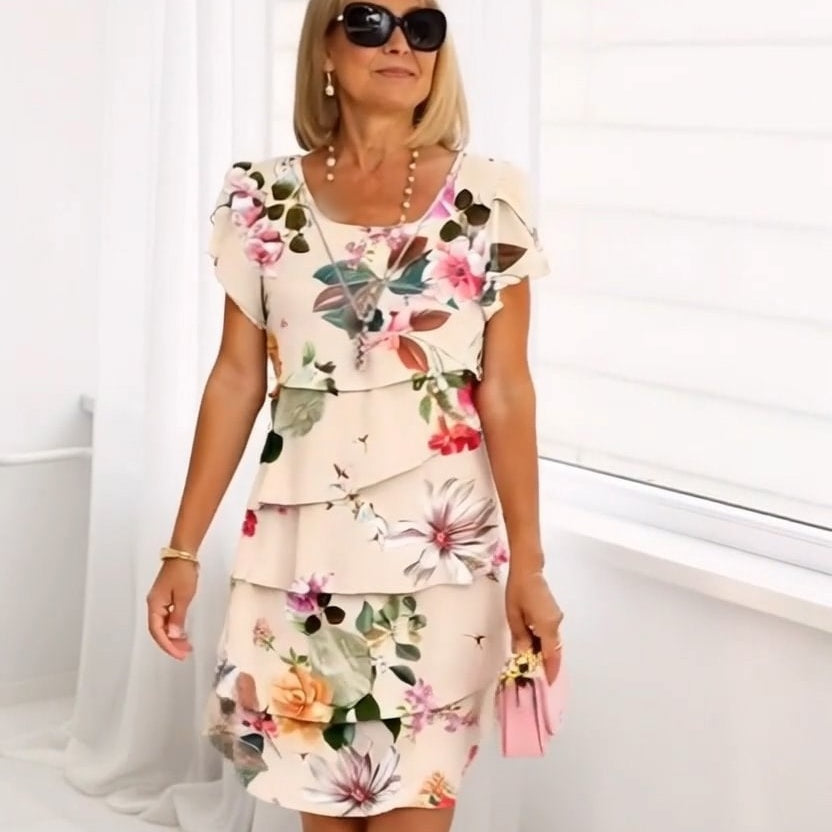 Multi-plant Floral Print Cascade Dress