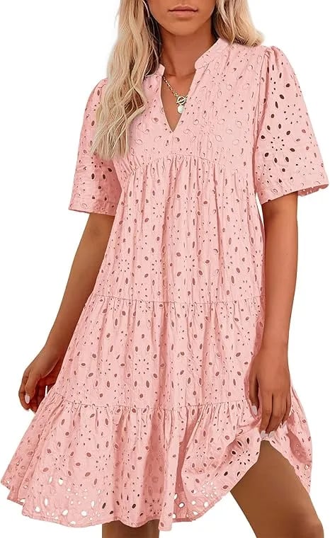 Women's V Neck Short Sleeve Hollow Out Mini Vacation Dress