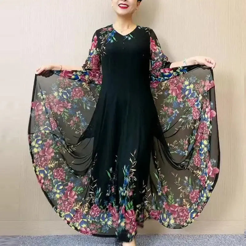 【L-4XL】 Fashion Women's Double Layer Mesh Printed Dresses