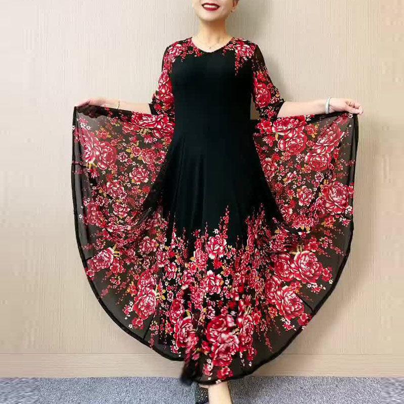 【L-4XL】 Fashion Women's Double Layer Mesh Printed Dresses