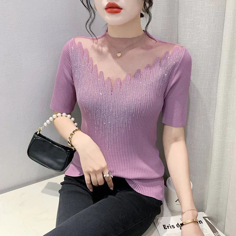 Fashionable diamond knit t-shirt