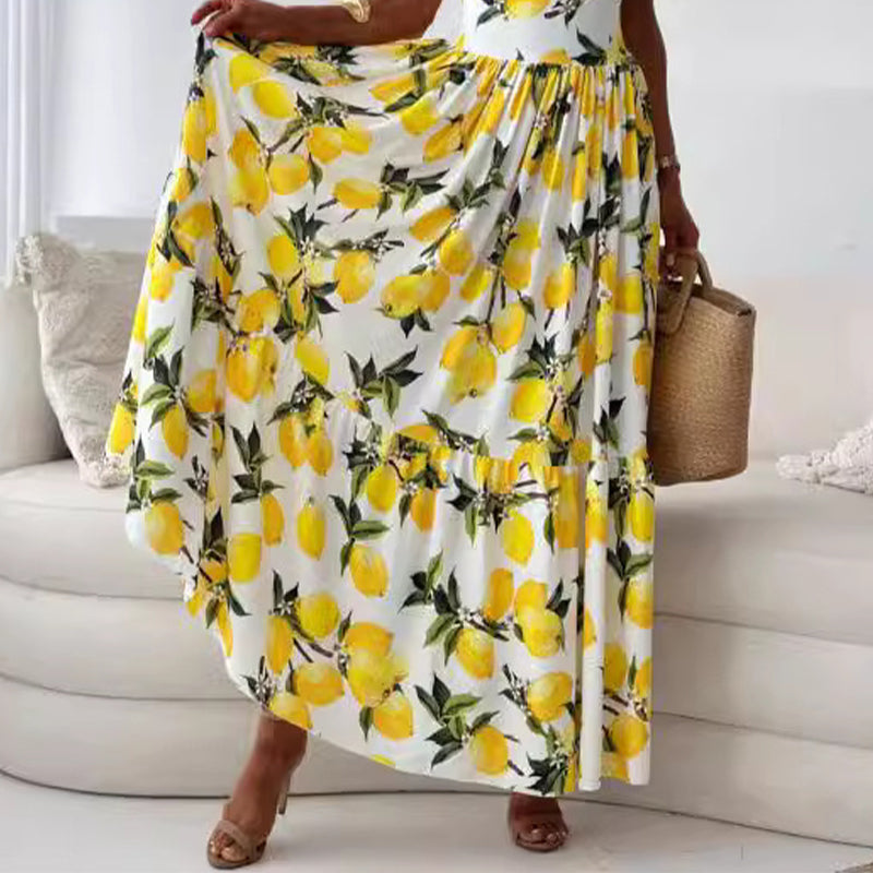 Women’s Elegant Lemon Print Spaghetti Strap Flowy Long Dress