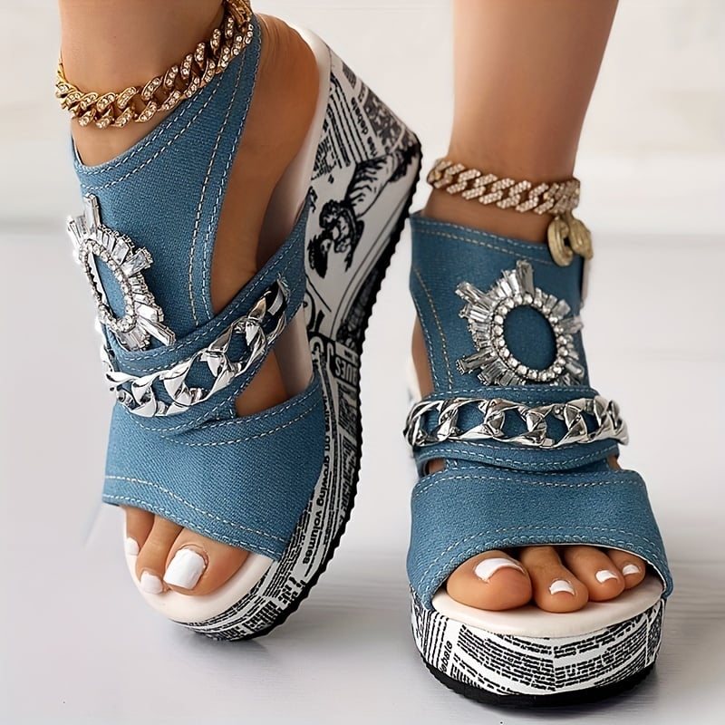 Women's Chain & Rhinestone Decor Platform Sandals