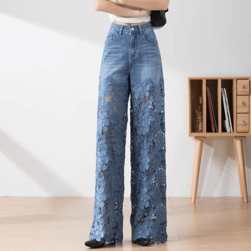 Handmade Hollow Lace Patchwork Jeans