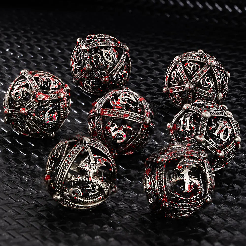 Spray Blood Dragon Metal Polyhedral Hollow Dice Set