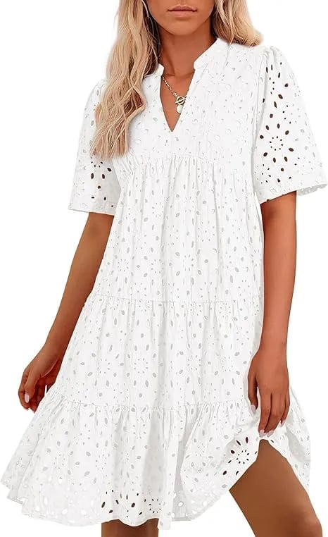 Women's V Neck Short Sleeve Hollow Out Mini Vacation Dress