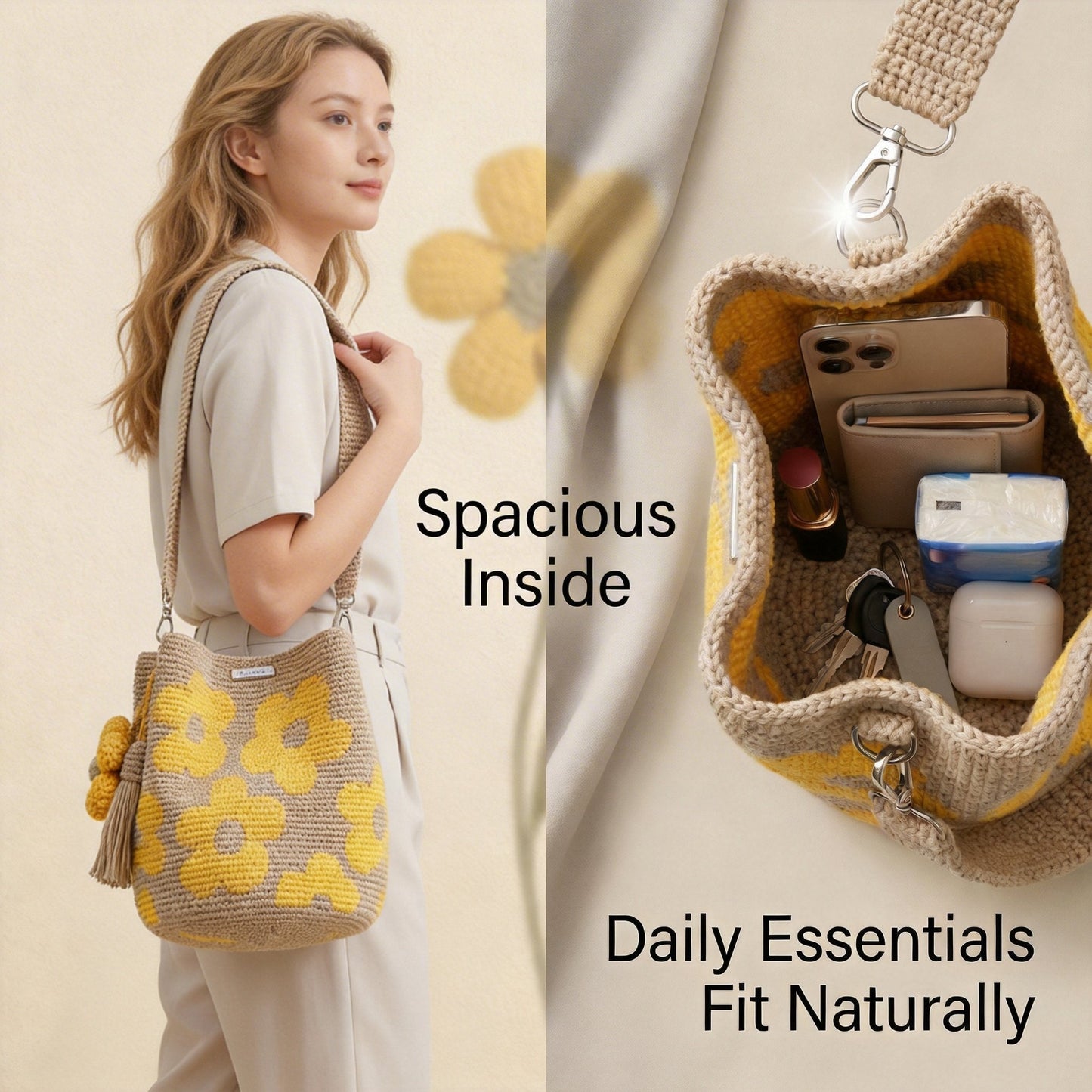 🏆 Promozione 49% DI SCONTO🧵🌸Borsa tote all'uncinetto con fiori fatta a mano 🌼✨