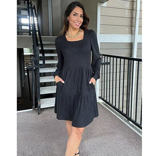 Women's Square Neck Lantern Sleeve Ribbed Dress