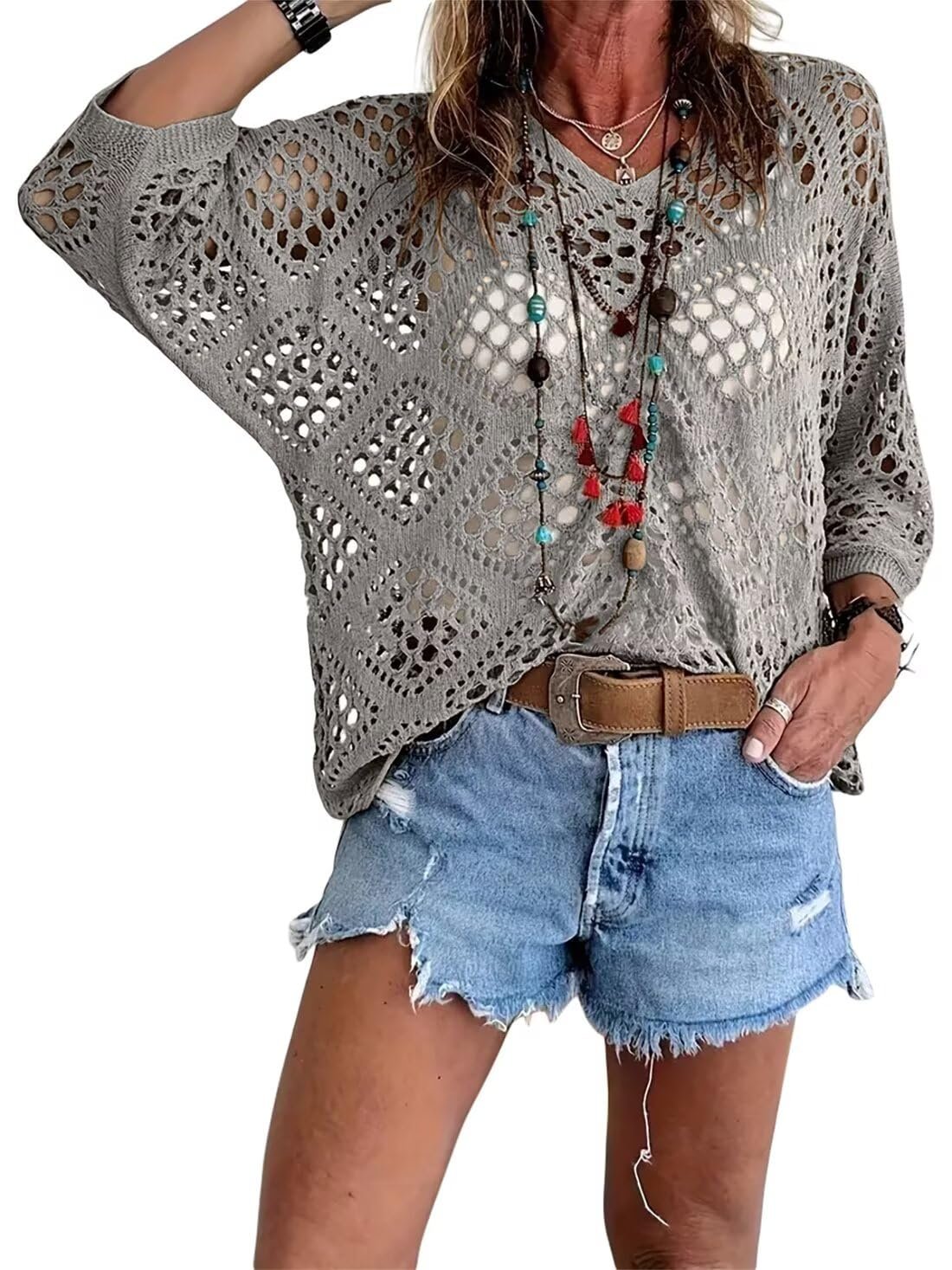 🌿 Handmade Crochet V‐Neck Boho Top | Apricot Summer Essential