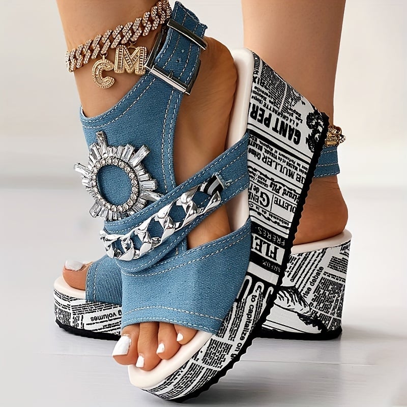 Women's Chain & Rhinestone Decor Platform Sandals