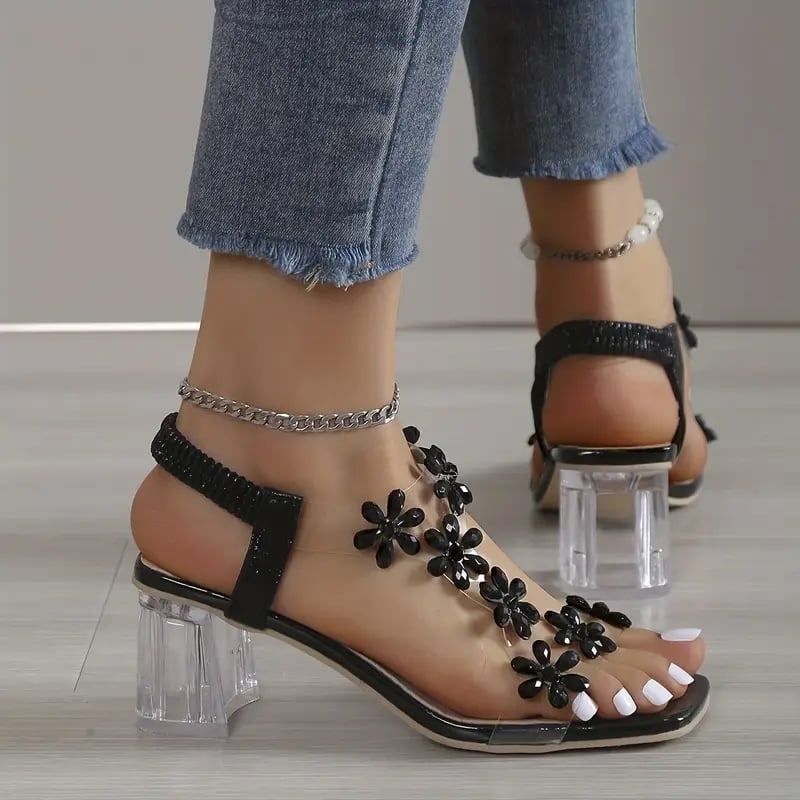 🔥Last Day Promotion 50% OFF - Women's Flower Rhinestone Block Heel Sandals