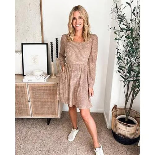Women's Square Neck Lantern Sleeve Ribbed Dress