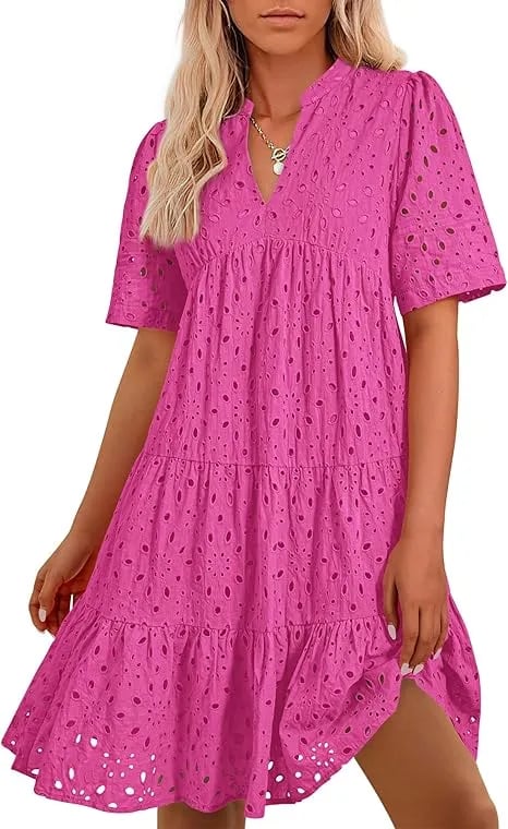 Women's V Neck Short Sleeve Hollow Out Mini Vacation Dress