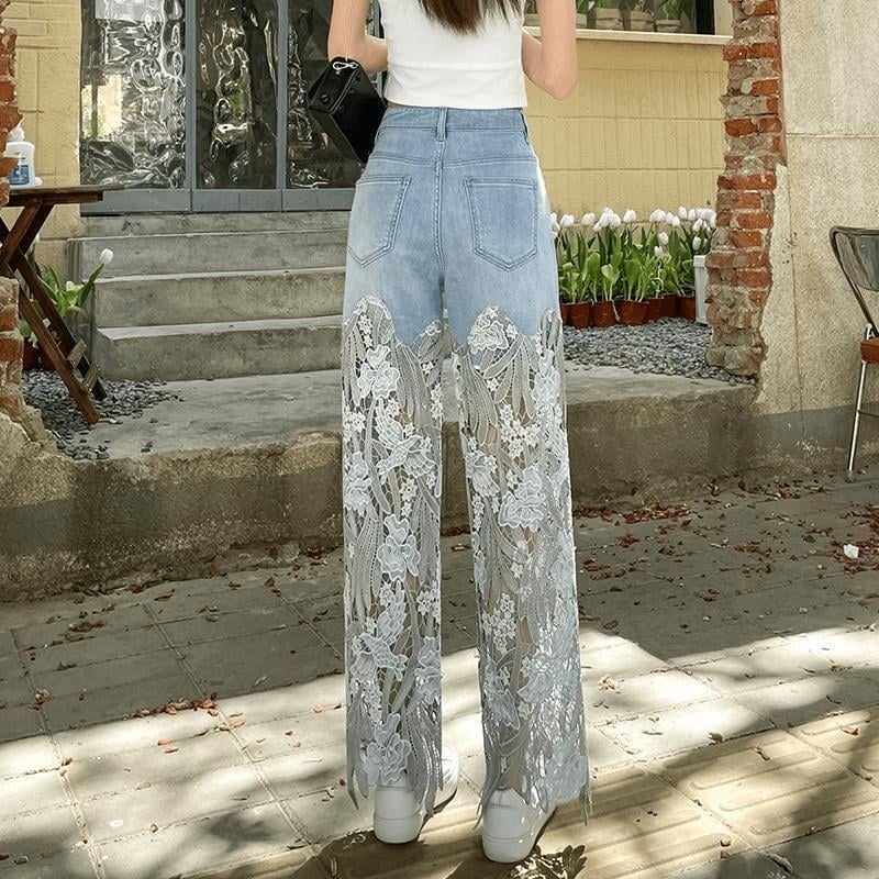 Handmade Hollow Lace Patchwork Jeans