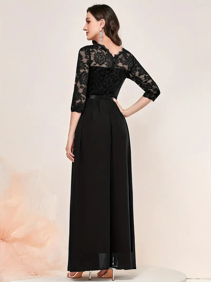 Elegant Contrast Lace Pleated Dress