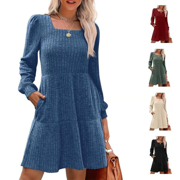 Women's Square Neck Lantern Sleeve Ribbed Dress