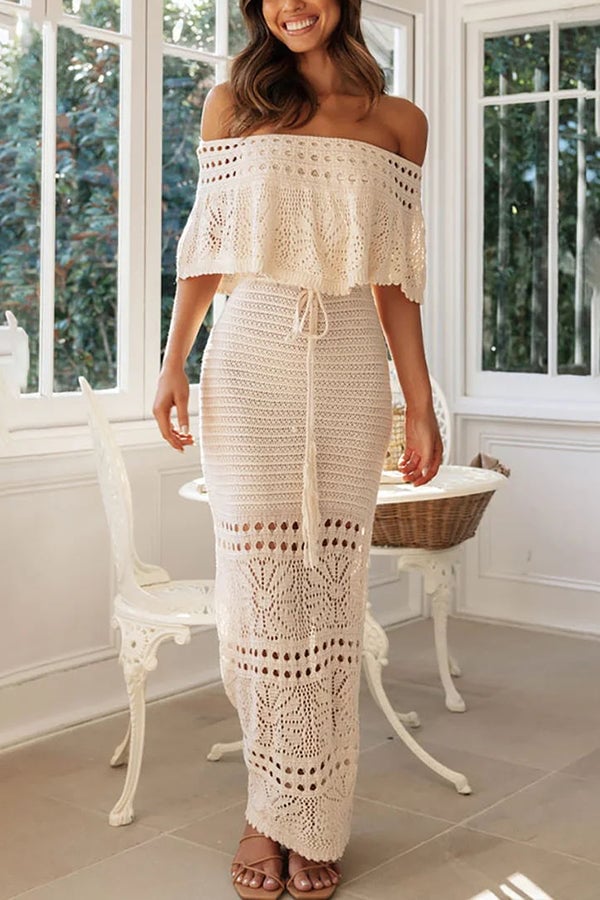 Knit Crochet Texture Cutout Lace-Up Shawl Maxi Dresses