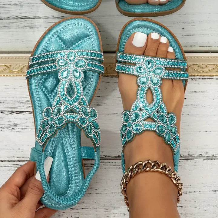 Chic Floral Rhinestone Flat Sandals