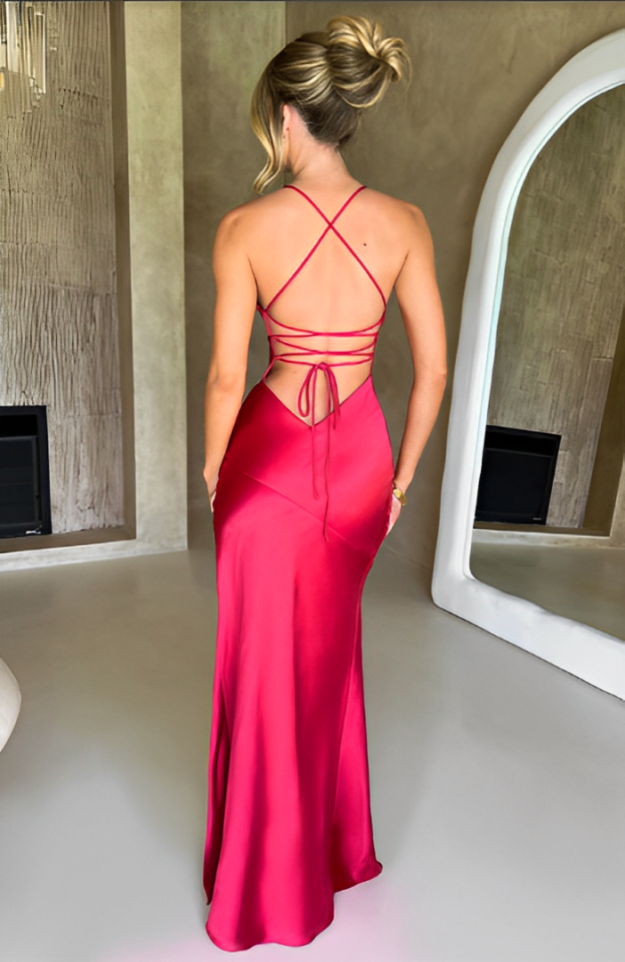 V-neck satin slit maxi dress