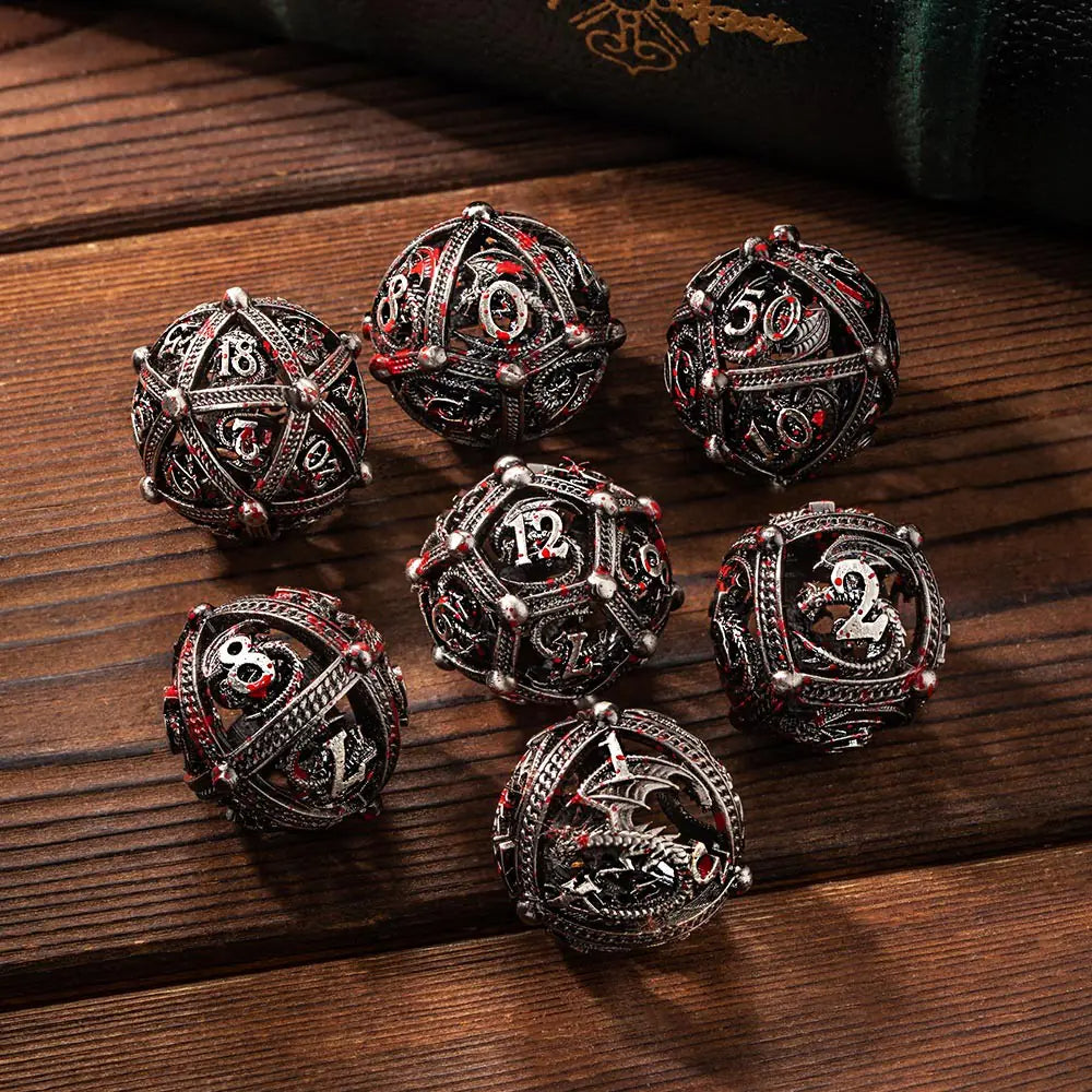 Spray Blood Dragon Metal Polyhedral Hollow Dice Set