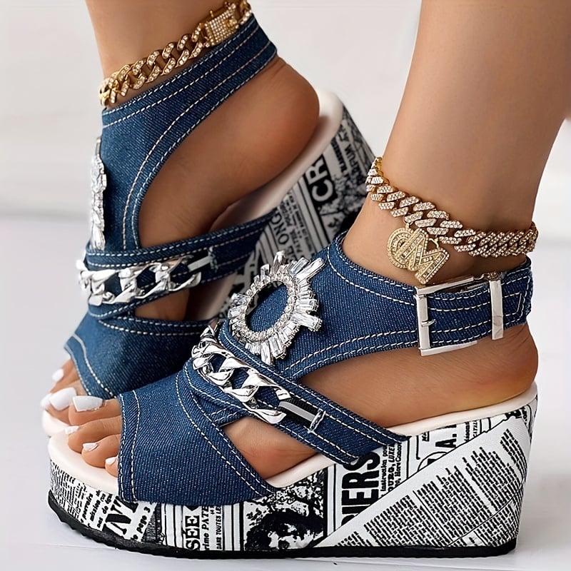 Women's Chain & Rhinestone Decor Platform Sandals