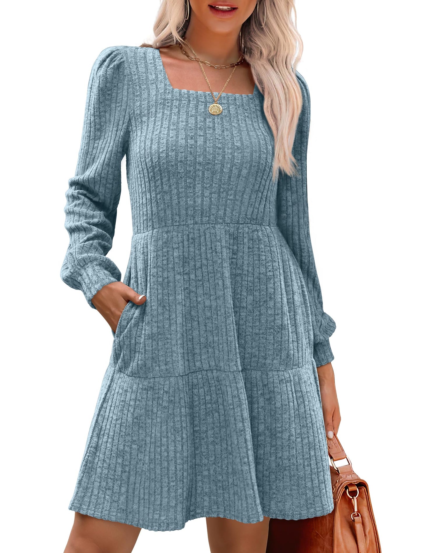 Women's Square Neck Lantern Sleeve Ribbed Dress