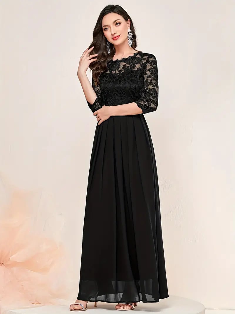 Elegant Contrast Lace Pleated Dress