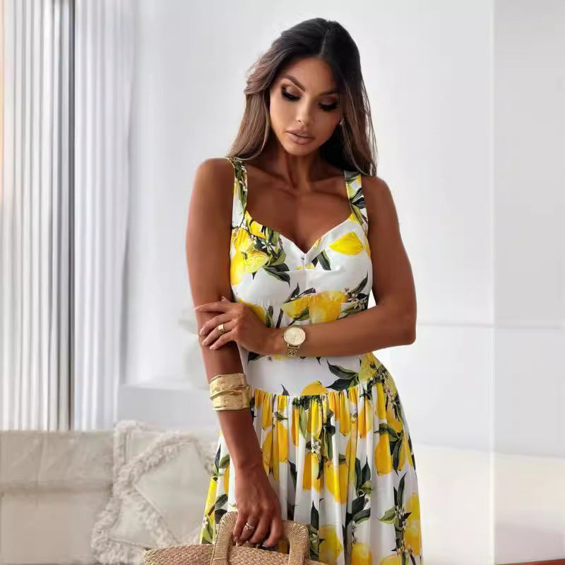 Women’s Elegant Lemon Print Spaghetti Strap Flowy Long Dress