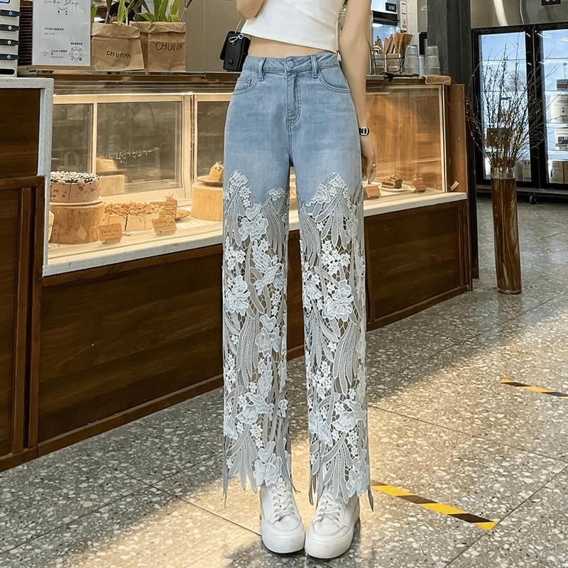 Handmade Hollow Lace Patchwork Jeans