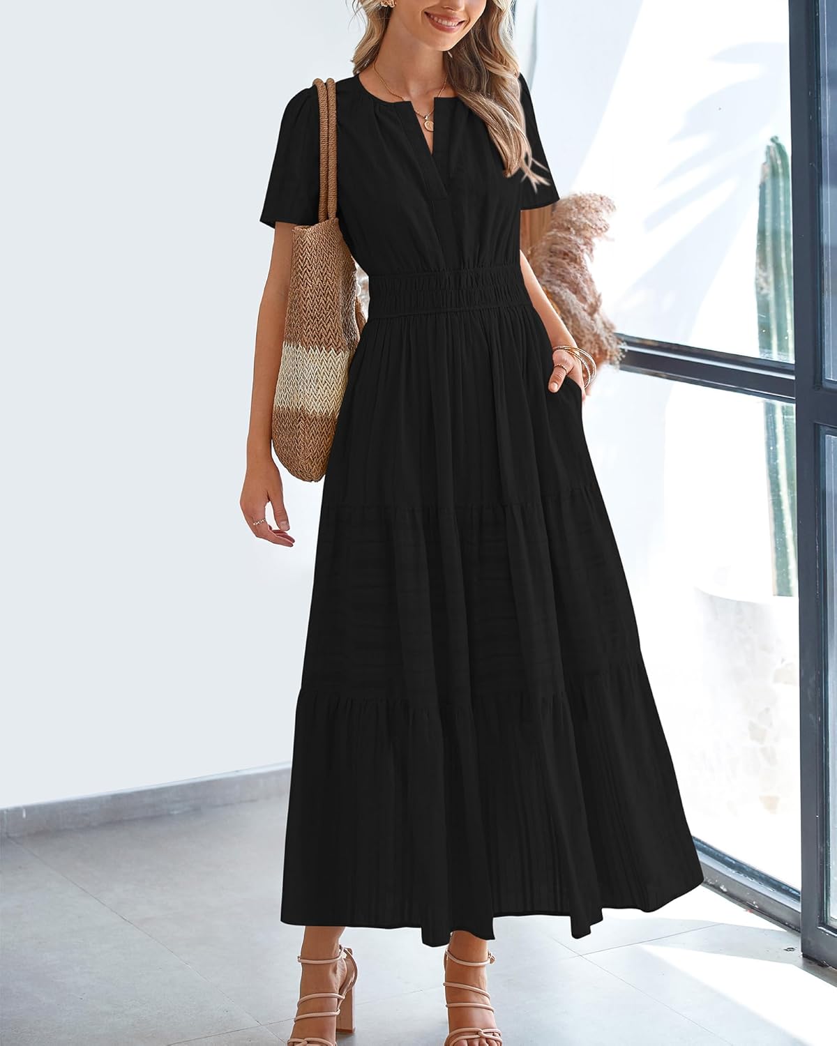 Womens Summer Lightweight Short Sleeve V Casual Midi Maxi Dresses(BUY 2 FREE SHIPPING)